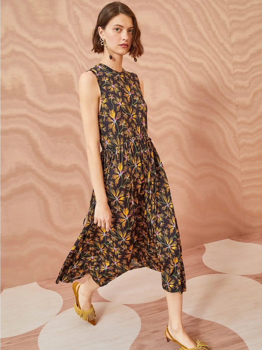 Sleeveless Black Maxi Dress with Yellow Floral Print